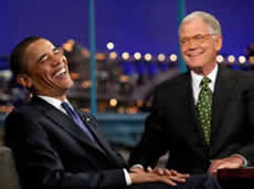 A photo of David Letterman and President Barack Obama